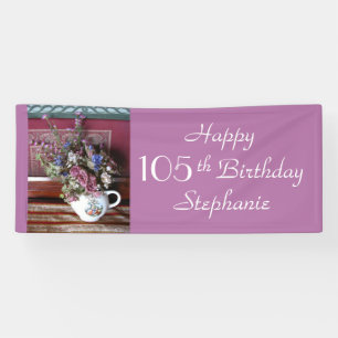 Personalized 105th Birthday Vintage Teapot Purple Banner