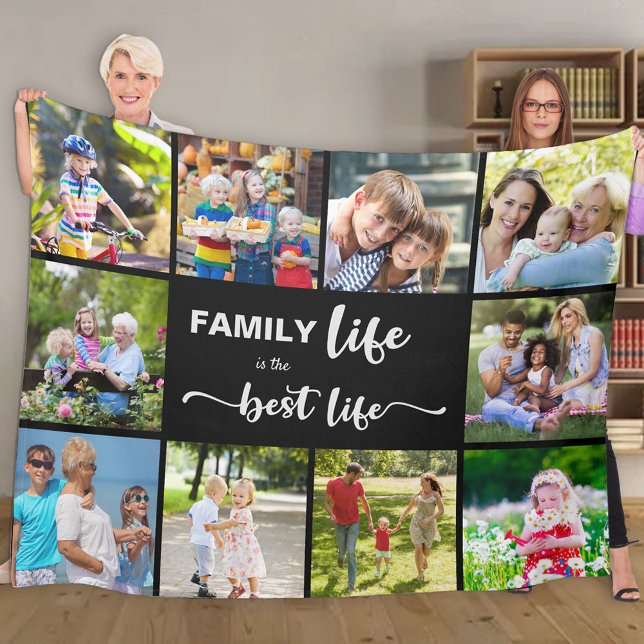 Personalized 10 Photo Collage Family Life Black Fleece Blanket (Creator Uploaded)