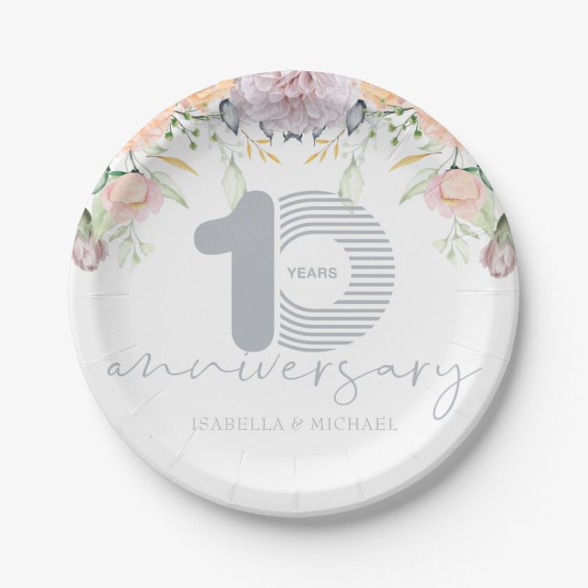 Personalized 10th Wedding Anniversary Floral Paper Plate (Front)