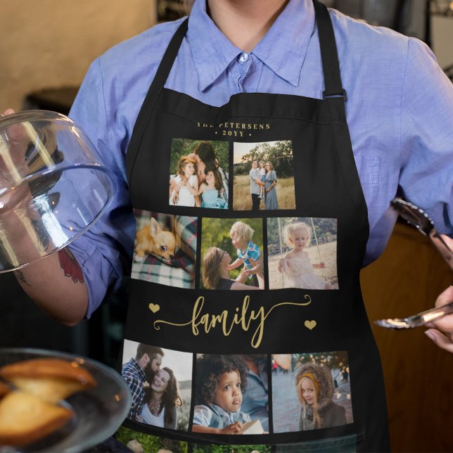 Personalized 11 family photo collage black gold apron (Creator Uploaded)