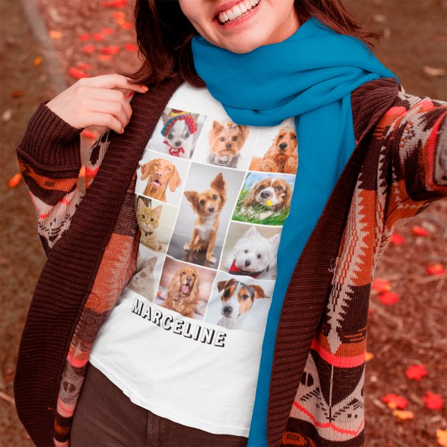 Personalized 11 Pet Photo Collage Grid with Text T-Shirt (Pet Photo Collage T-Shirt)