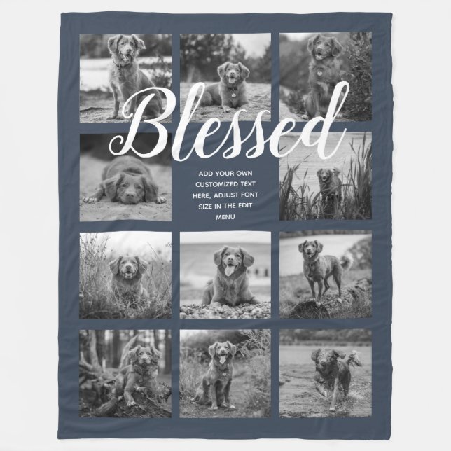 Personalized 11 Photo Collage BLESSED Dark Blue Fleece Blanket (Front)