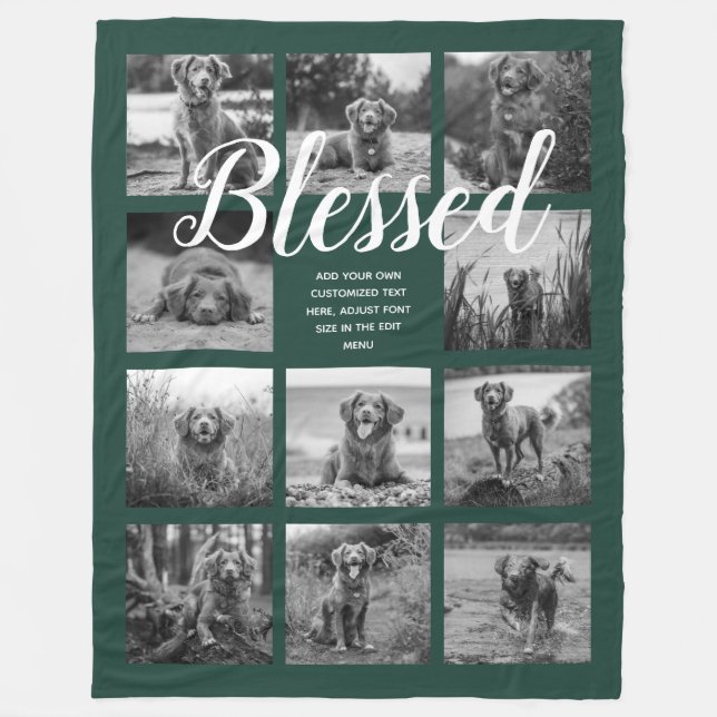 Personalized 11 Photo Collage BLESSED Dark Green Fleece Blanket (Front)