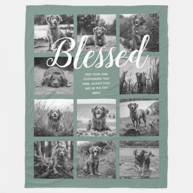 Personalized 11 Photo Collage BLESSED Dusty Green Fleece Blanket (Front)