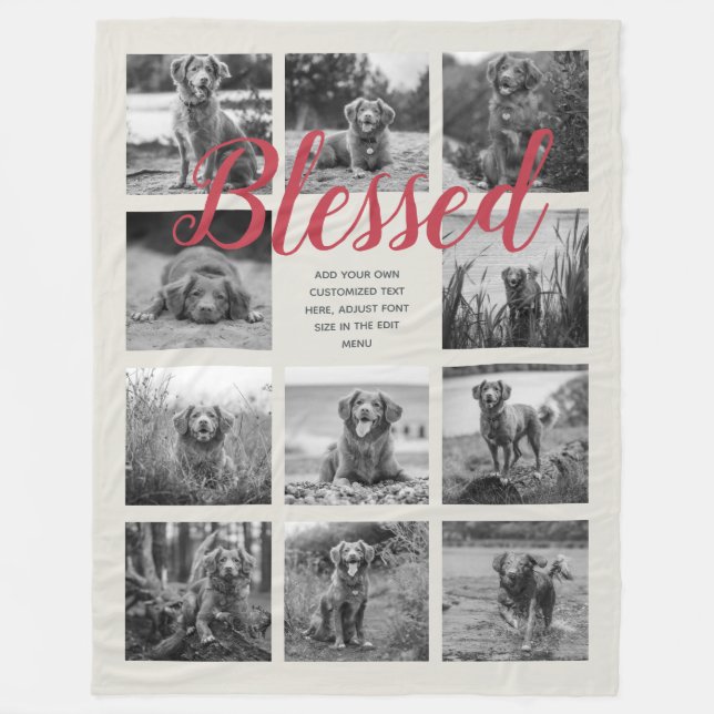 Personalized 11 Photo Collage BLESSED Grey Red Fleece Blanket (Front)