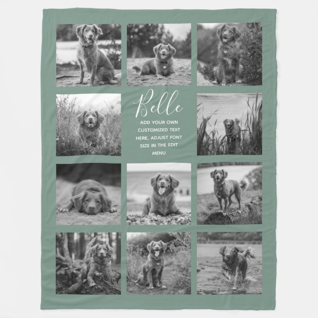 Personalized 11 Photo Collage Dusty Green Fleece Blanket (Front)