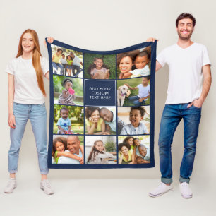 Personalized 11 Photo Collage Navy Blue Fleece Blanket