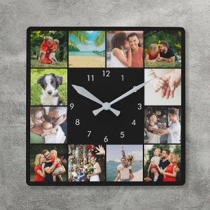 Personalized 12 Family Photo Collage Black Square Wall Clock