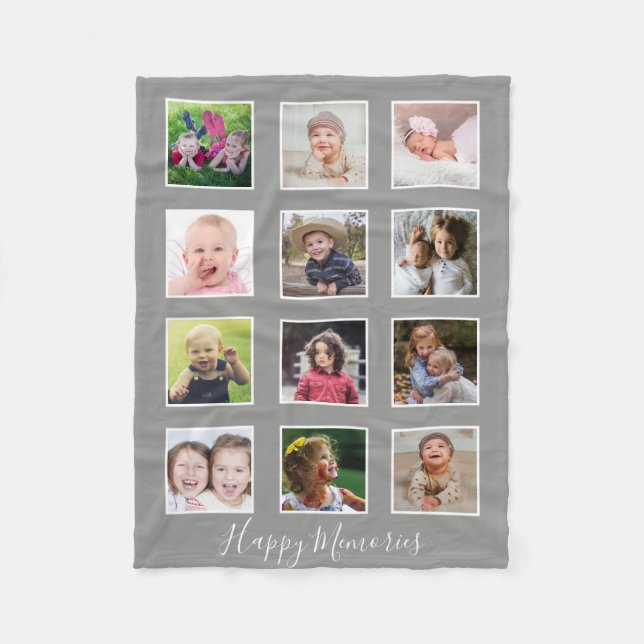 Personalized 12 Family Photo Collage Gray Fleece Blanket (Front)