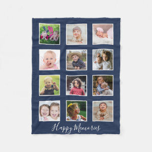 Personalized 12 Family Photo Collage Navy Blue Fleece Blanket
