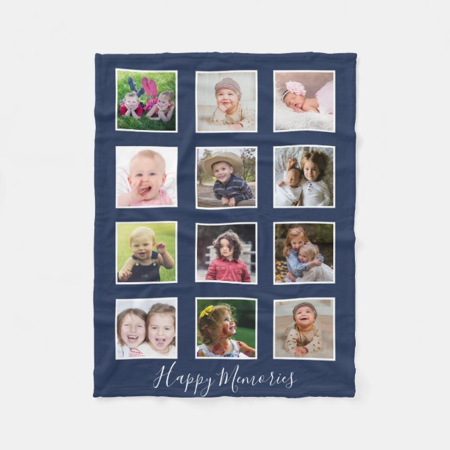 Personalized 12 Family Photo Collage Navy Blue Fleece Blanket (Front)