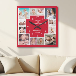 Personalized 12 Family Photo Collage Red And White Square Wall Clock