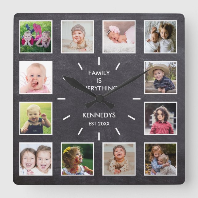 Personalized 12 Photo Collage Chalkboard  Family Square Wall Clock (Front)