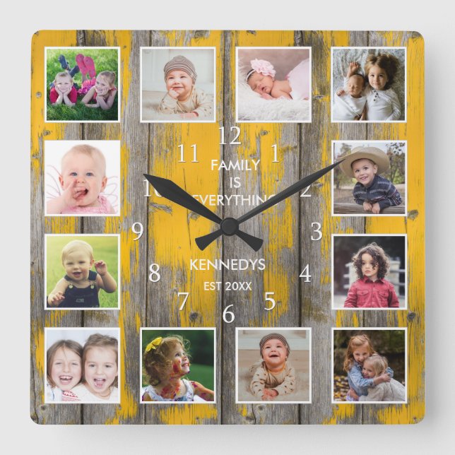 Personalized 12 Photo Collage Distressed Wood Square Wall Clock (Front)