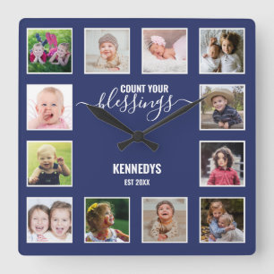 Personalized 12 Photo Collage Family Blessing Blue Square Wall Clock