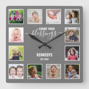Personalized 12 Photo Collage Family Blessing Grey Square Wall Clock