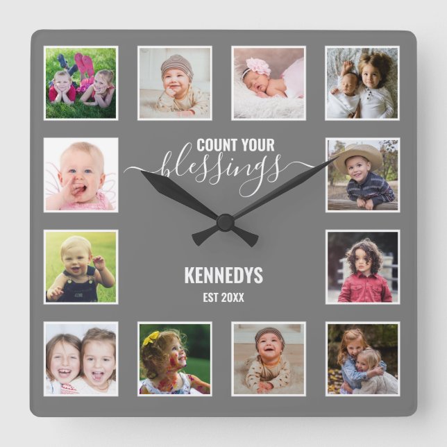 Personalized 12 Photo Collage Family Blessing Grey Square Wall Clock (Front)