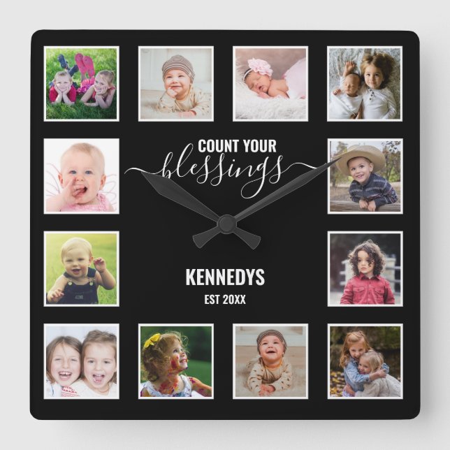 Personalized 12 Photo Collage Family Blessing Square Wall Clock (Front)