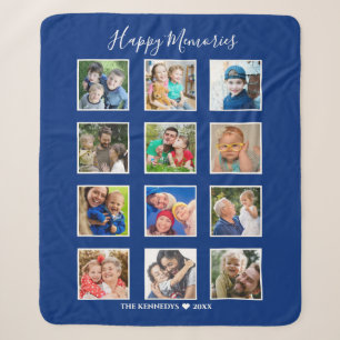 Personalized 12 Photo Collage Family Name Blue Sherpa Blanket