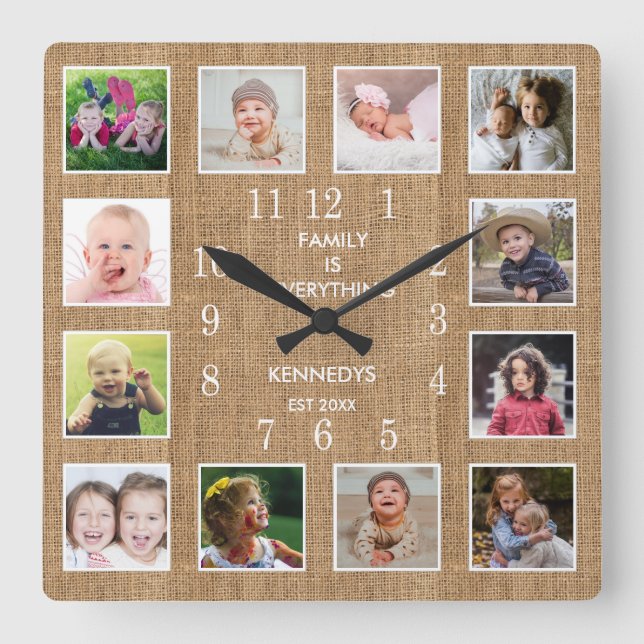 Personalized 12 Photo Collage Frame Rustic Burlap Square Wall Clock (Front)