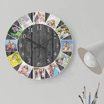 Personalized 12 Photo Collage Grey Wood Round Large Clock<br><div class="desc">Create your own unique wall clock. The photo template is set up ready for you to add 12 of your favourite photos. Add your pictures working clockwise from the top and switch them around to get the look you want. This dark grey and black wood look design has white numbers...</div>