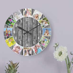 Personalized 12 Photo Collage Grey Wood Round Large Clock