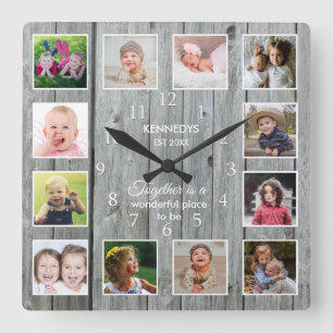 Personalized 12 Photo Collage Quote Grey Wood Square Wall Clock