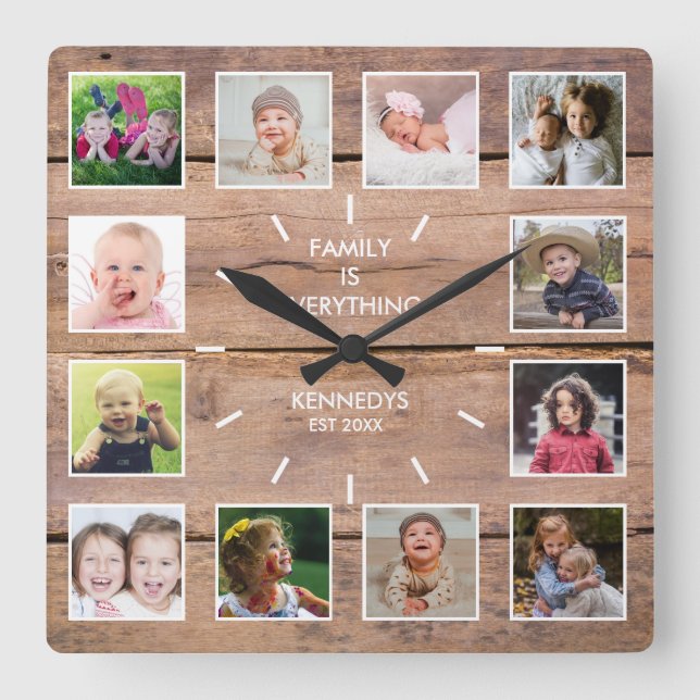 Personalized 12 Photo Collage Rustic Brown Wood Square Wall Clock (Front)