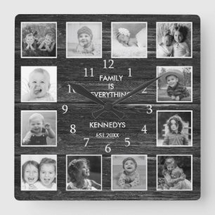 Personalized 12 Photo Collage Rustic Farmhouse Square Wall Clock