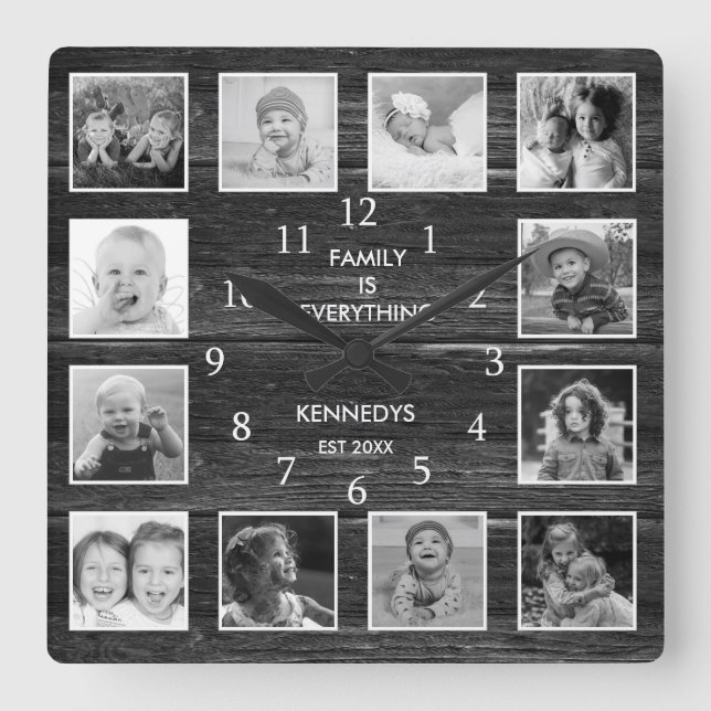 Personalized 12 Photo Collage Rustic Farmhouse Square Wall Clock (Front)
