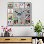 Personalized 12 Photo Collage Rustic Grey Wood Square Wall Clock<br><div class="desc">Create your own photo collage wall clock with 12 of your favourite pictures. NOTE: Please upload your photos after cropping them to a square size . This will help you avoid cutting off face in the corners . The photo frame clock helps you treasure your special moments and also makes...</div>