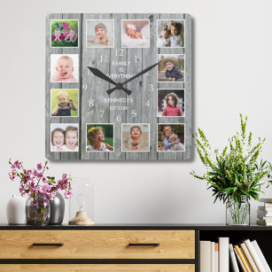 Personalized 12 Photo Collage Rustic Grey Wood Square Wall Clock