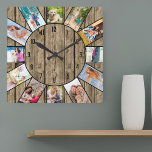 Personalized 12 Photo Collage Rustic Natural Wood Square Wall Clock<br><div class="desc">Create your own unique wall clock with 12 of your favourite photos. The photo template is set up ready for you to add your pictures working clockwise from the top. This attractive, natural wood look design has black numbers and will look great with modern, rustic and farmhouse decor. For this...</div>