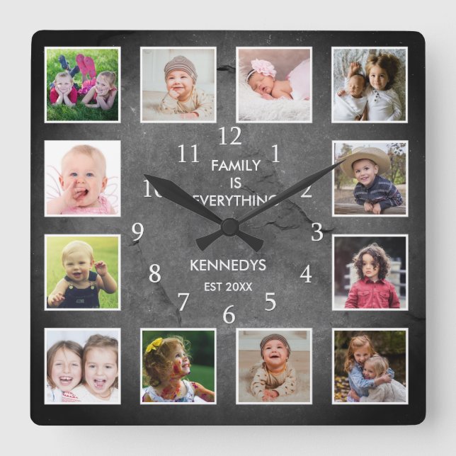 Personalized 12 Photo Collage Rustic Slate Stone Square Wall Clock (Front)