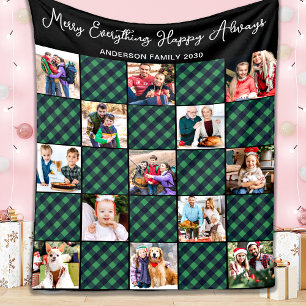 Personalized 13 Photo Collage Green Plaid Quilt Fleece Blanket