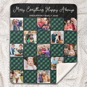 Personalized 13 Photo Collage Green Plaid Quilt  Sherpa Blanket