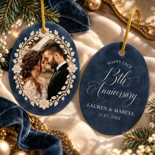 Personalized 13th Anniversary Lace Navy Photo Ceramic Ornament