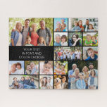 Personalized 16 Photo Collage Custom Colour Jigsaw Puzzle<br><div class="desc">Create a photo memory puzzle utilizing this easy-to-upload photo collage template with 16 pictures in various shapes and sizes and personalized with your custom text in your choice of text font styles, colour, size and placement and background colour (shown in white on black). ASSISTANCE: For help with design modification or...</div>