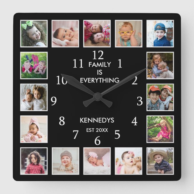 Personalized 16 Photo Collage Family Quote Black Square Wall Clock (Front)