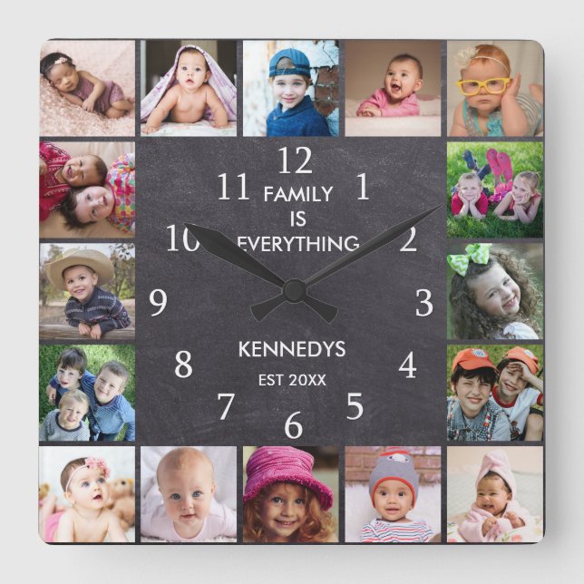 Personalized 16 Photo Collage Frame Chalkboard Square Wall Clock (Front)