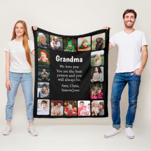 Personalized 16 Photo Collage Grandma Black Fleece Blanket