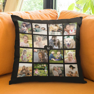 Personalized 16 photo collage monogram black throw pillow