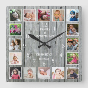 Personalized 16 Photo Collage Quote Grey Wood Square Wall Clock