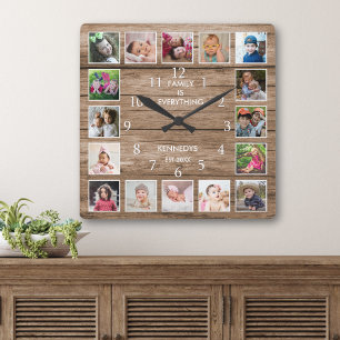 Personalized 16 Photo Collage Quote Rustic Wood Square Wall Clock