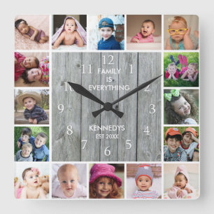 Personalized 16 Photo Collage Rustic Grey Wood Square Wall Clock