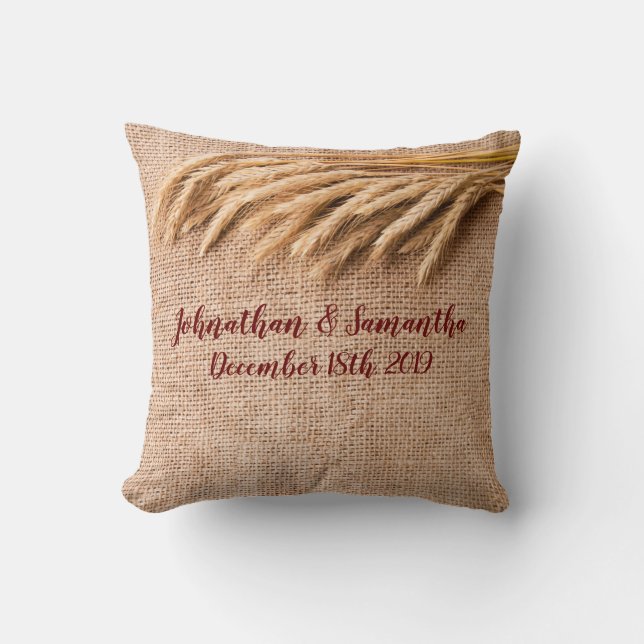 Personalized 16"x16" Throw Pillow Wheat on Burlap (Front)