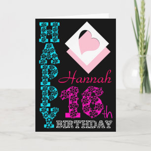 Personalized 16th Birthday Girly Black Greeting C Card