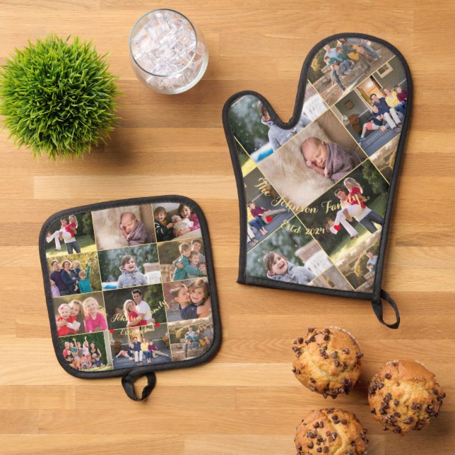 Personalized 17 Family Photo Collage Gold Monogram Oven Mitt & Pot Holder Set (Top Down)