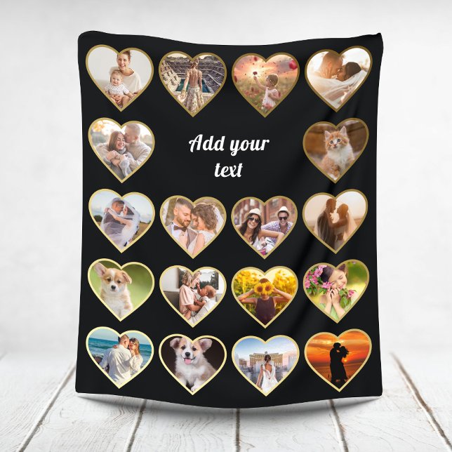 Personalized 18 Gold Heart Photo Collage Fleece Blanket (Creator Uploaded)