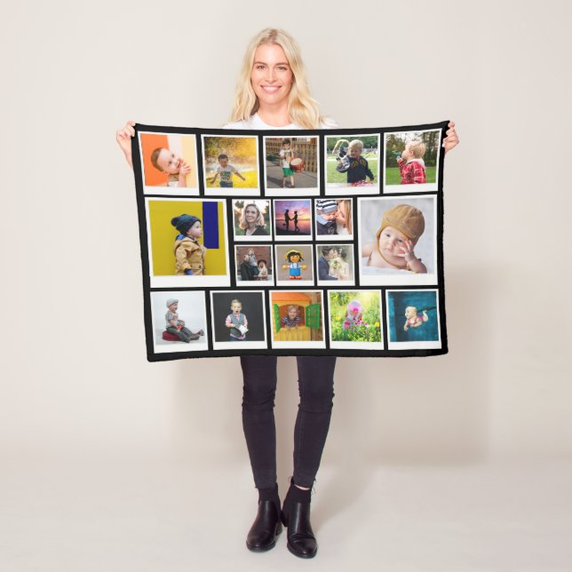 Personalized 18 Photo Collage Modern Trendy Black Fleece Blanket (In Situ)